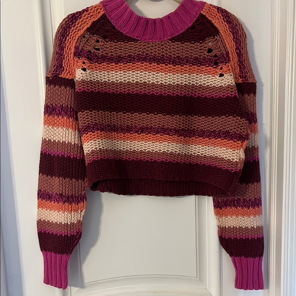 Free People Striped Cropped Sweater in Pink and Brown